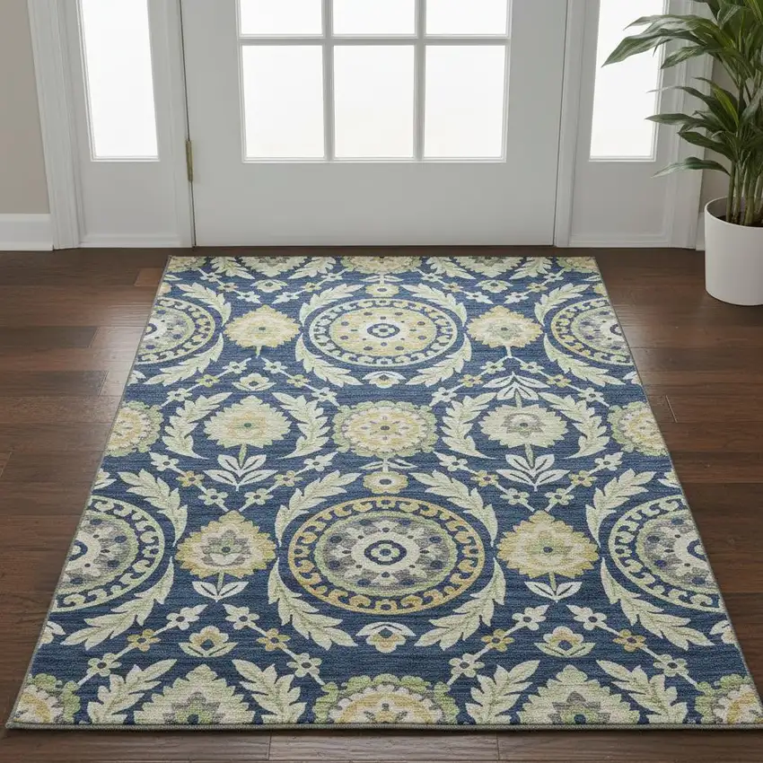 Navy Blue Gold And Beige Floral Washable Area Rug With UV Protection Photo 2