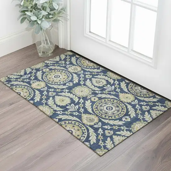 Navy Blue Gold And Beige Floral Washable Area Rug With UV Protection Photo 1