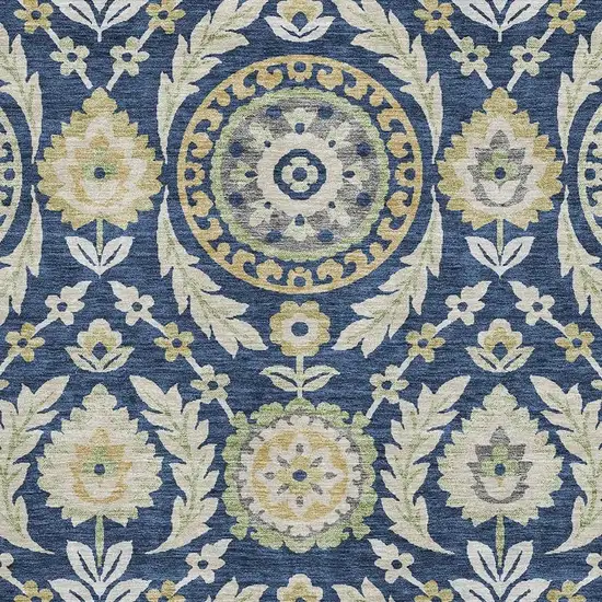Navy Blue Gold And Beige Floral Washable Area Rug With UV Protection Photo 3