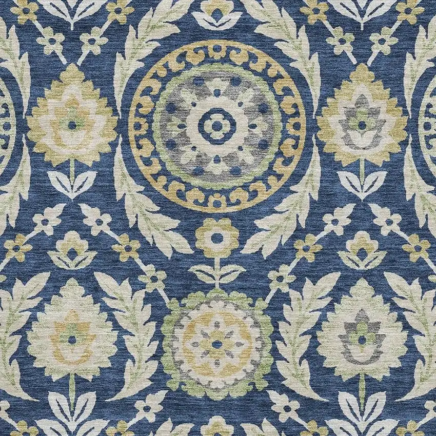 Navy Blue Gold And Beige Floral Washable Area Rug With UV Protection Photo 3