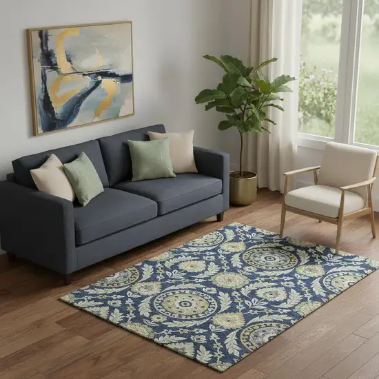 Navy Blue Gold And Beige Floral Washable Area Rug With UV Protection Photo 1