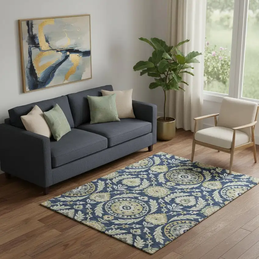 Navy Blue Gold And Beige Floral Washable Area Rug With UV Protection Photo 1