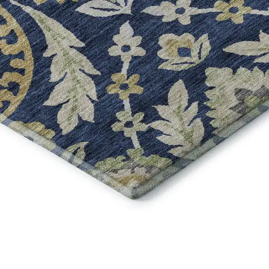 Navy Blue Gold And Beige Floral Washable Area Rug With UV Protection Photo 8