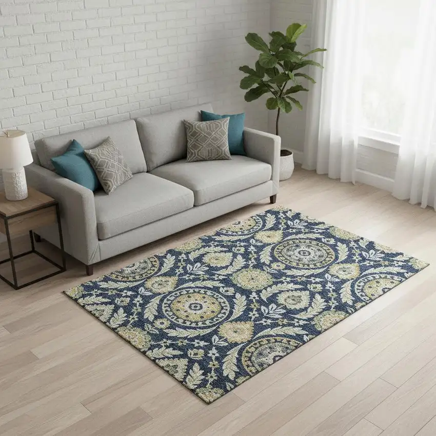 Navy Blue Gold And Beige Floral Washable Area Rug With UV Protection Photo 2