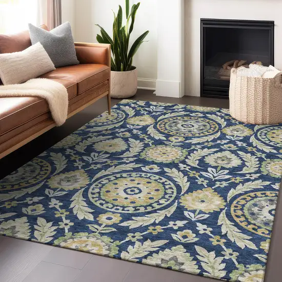 Navy Blue Gold And Beige Floral Washable Area Rug With UV Protection Photo 6