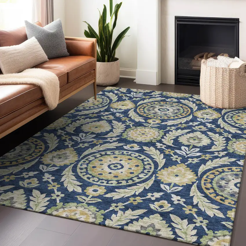 Navy Blue Gold And Beige Floral Washable Area Rug With UV Protection Photo 6