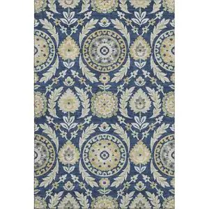 Photo of Navy Blue Gold And Beige Floral Washable Area Rug With UV Protection