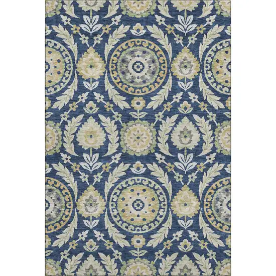 Navy Blue Gold And Beige Floral Washable Area Rug With UV Protection Photo 1