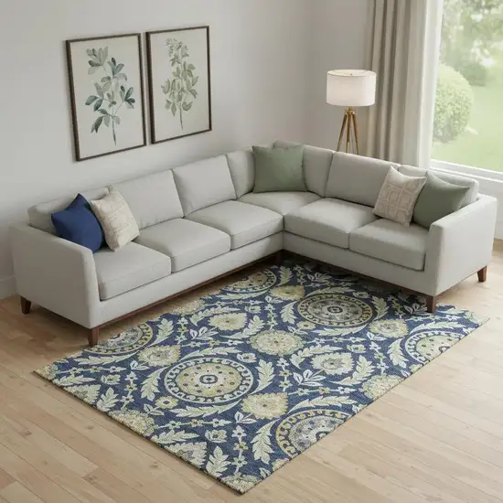 Navy Blue Gold And Beige Floral Washable Area Rug With UV Protection Photo 1