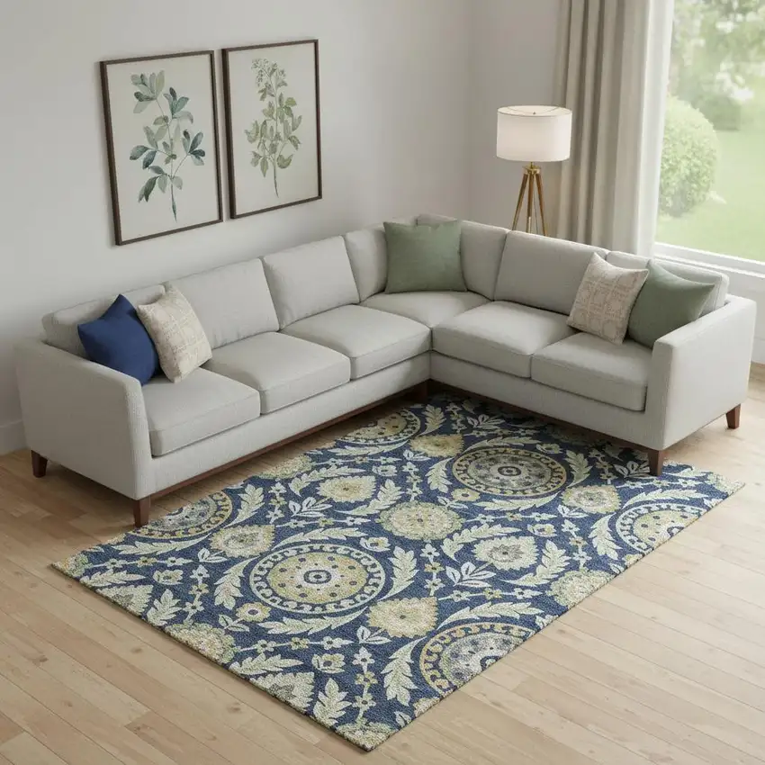 Navy Blue Gold And Beige Floral Washable Area Rug With UV Protection Photo 1