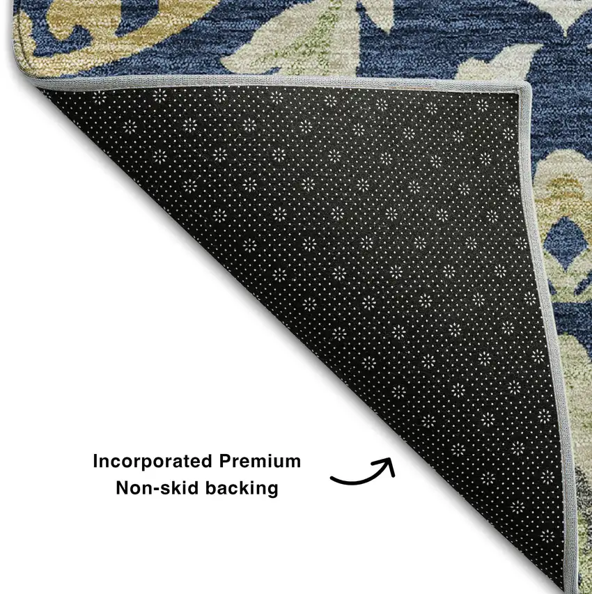 Navy Blue Gold And Beige Floral Washable Area Rug With UV Protection Photo 7
