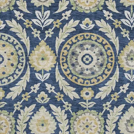 Navy Blue Gold And Beige Floral Washable Area Rug With UV Protection Photo 3