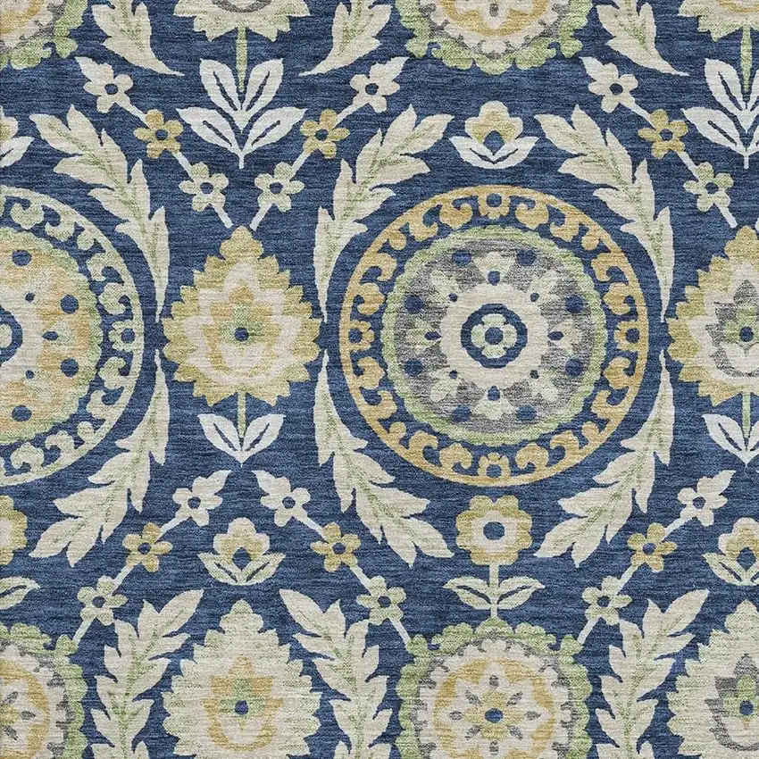Navy Blue Gold And Beige Floral Washable Area Rug With UV Protection Photo 3