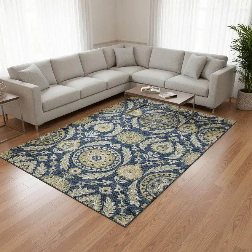 Navy Blue Gold And Beige Floral Washable Area Rug With UV Protection Photo 2