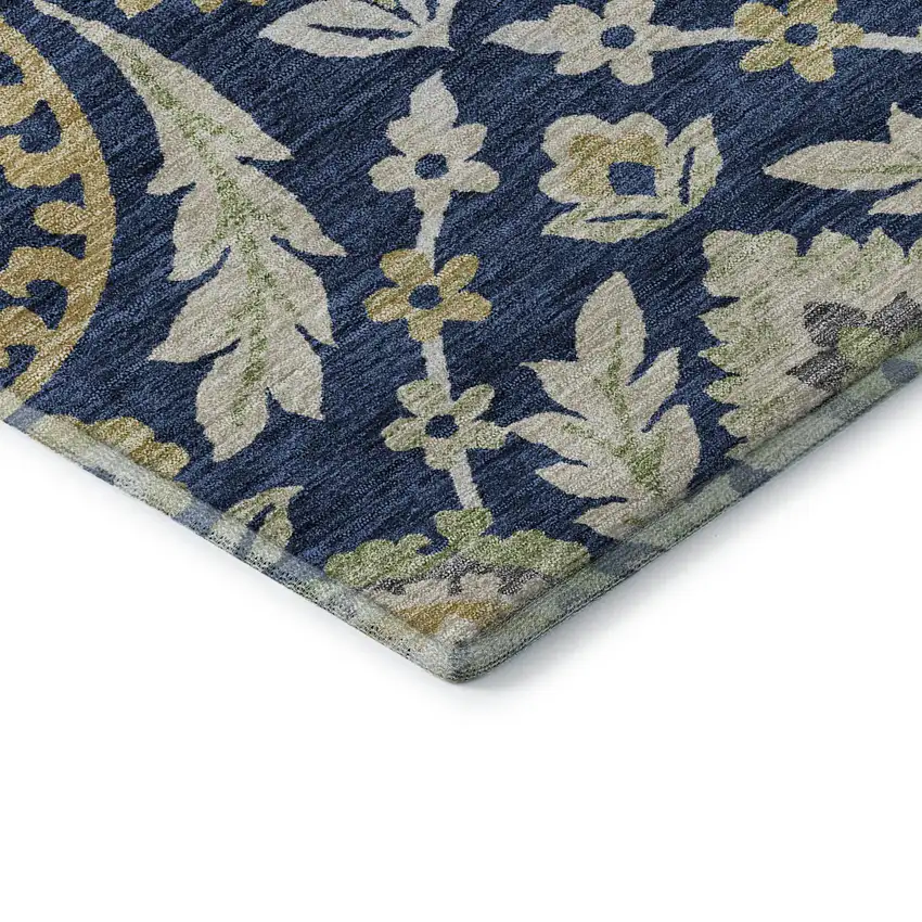 Navy Blue Gold And Beige Floral Washable Area Rug With UV Protection Photo 8