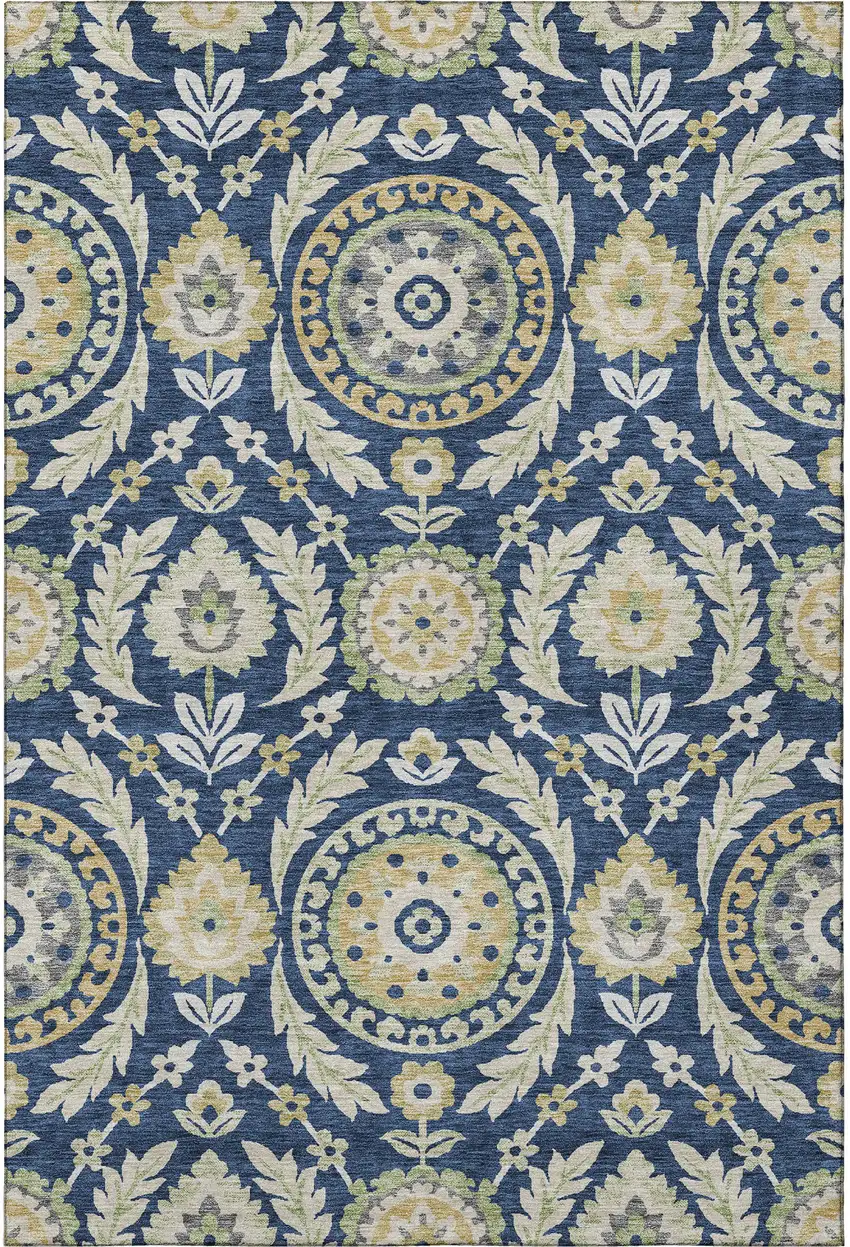 Navy Blue Gold And Beige Floral Washable Area Rug With UV Protection Photo 4