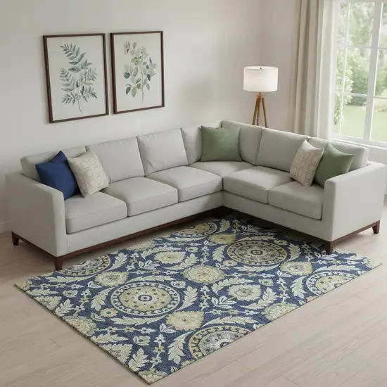 Navy Blue Gold And Beige Floral Washable Area Rug With UV Protection Photo 1