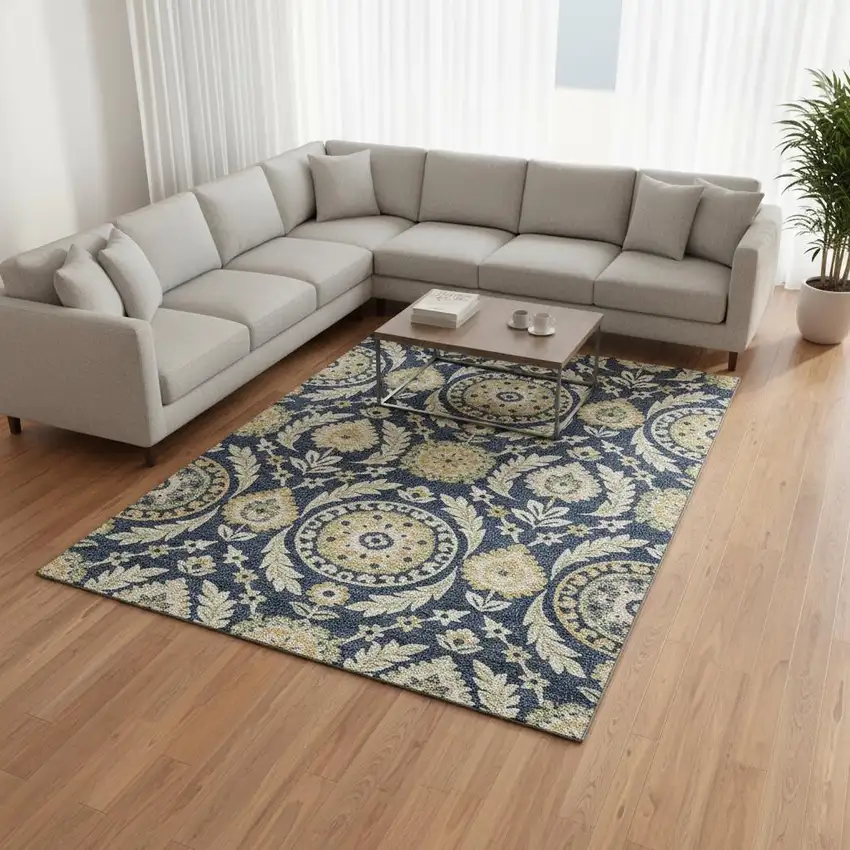 Navy Blue Gold And Beige Floral Washable Area Rug With UV Protection Photo 2