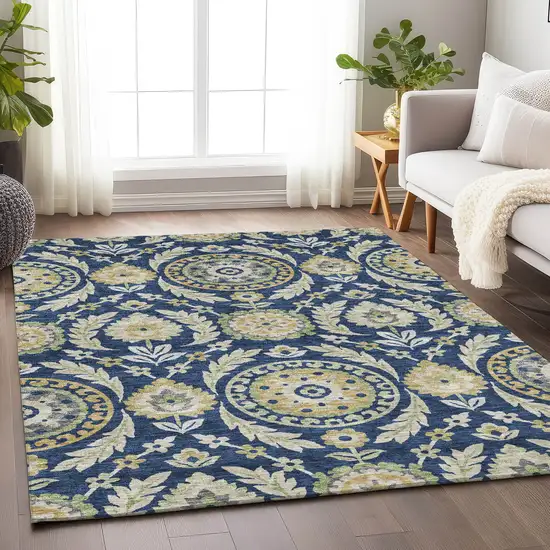 Navy Blue Gold And Beige Floral Washable Area Rug With UV Protection Photo 4