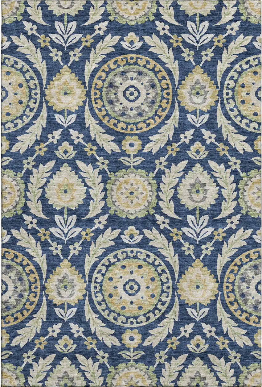 Navy Blue Gold And Beige Floral Washable Area Rug With UV Protection Photo 1