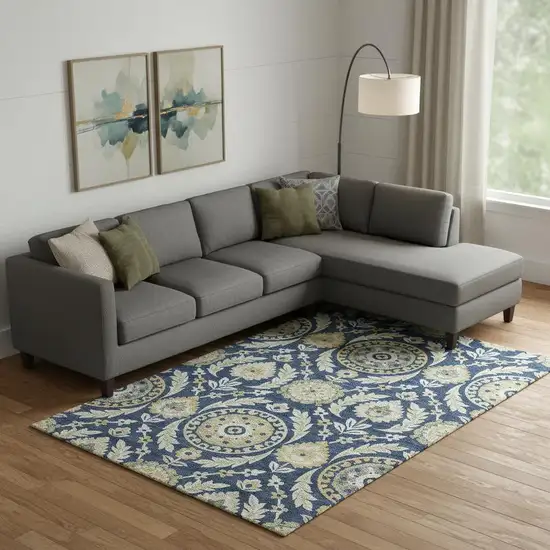 Navy Blue Gold And Beige Floral Washable Area Rug With UV Protection Photo 1