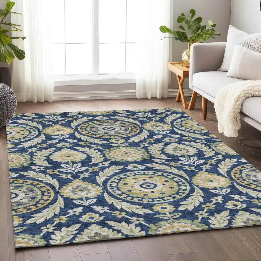 Navy Blue Gold And Beige Floral Washable Area Rug With UV Protection Photo 5