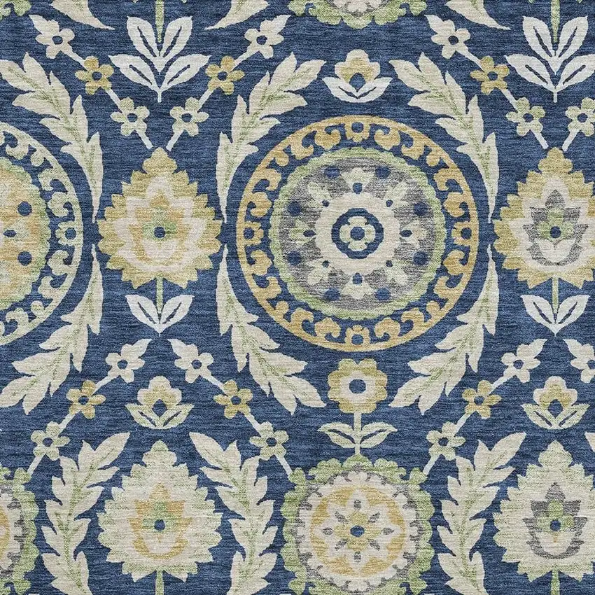 Navy Blue Gold And Beige Floral Washable Area Rug With UV Protection Photo 3