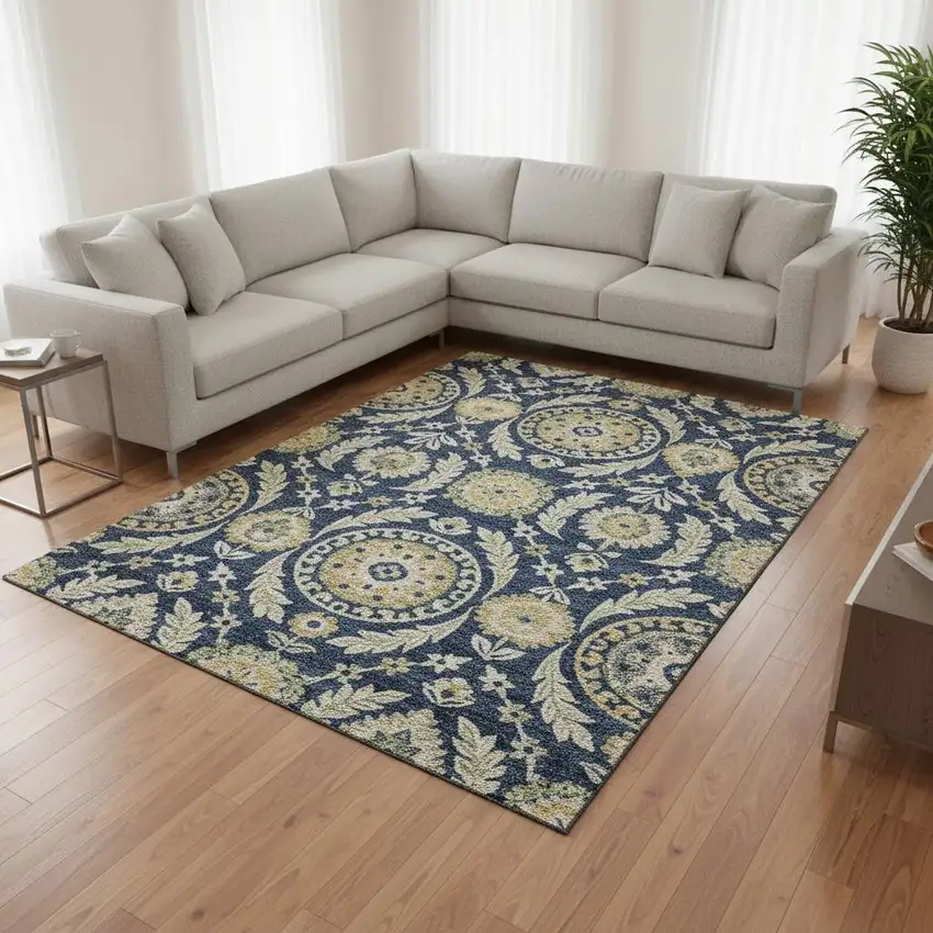 Navy Blue Gold And Beige Floral Washable Area Rug With UV Protection Photo 2