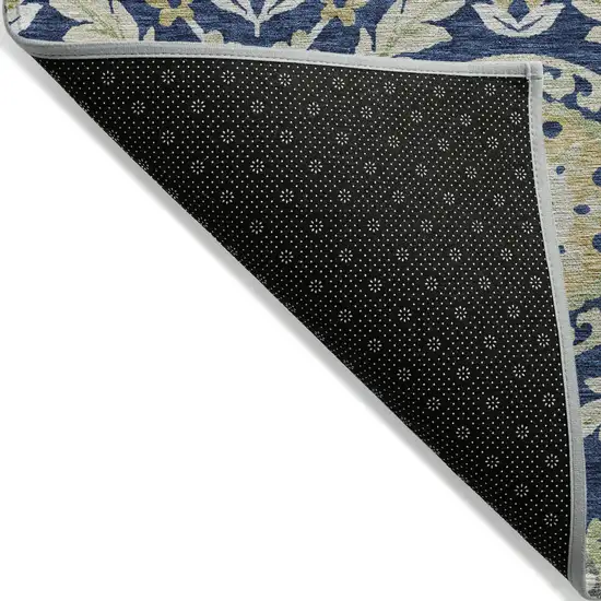 Navy Blue Gold And Beige Floral Washable Indoor Outdoor Area Rug Photo 2