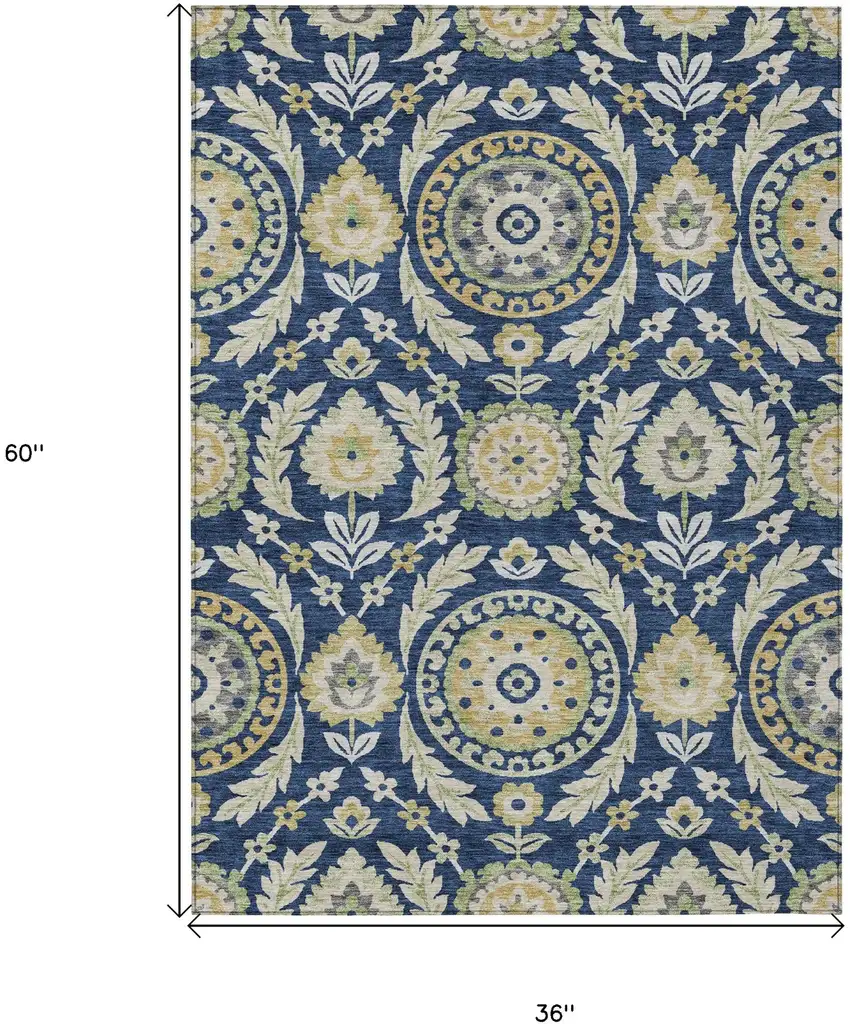 Navy Blue Gold And Beige Floral Washable Indoor Outdoor Area Rug Photo 7