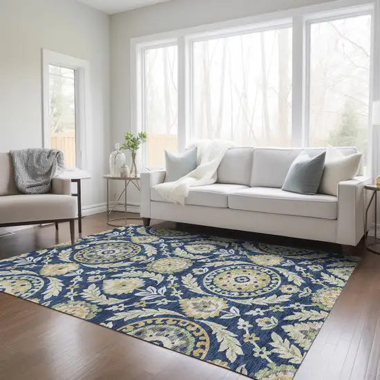 Navy Blue Gold And Beige Floral Washable Indoor Outdoor Area Rug Photo 8