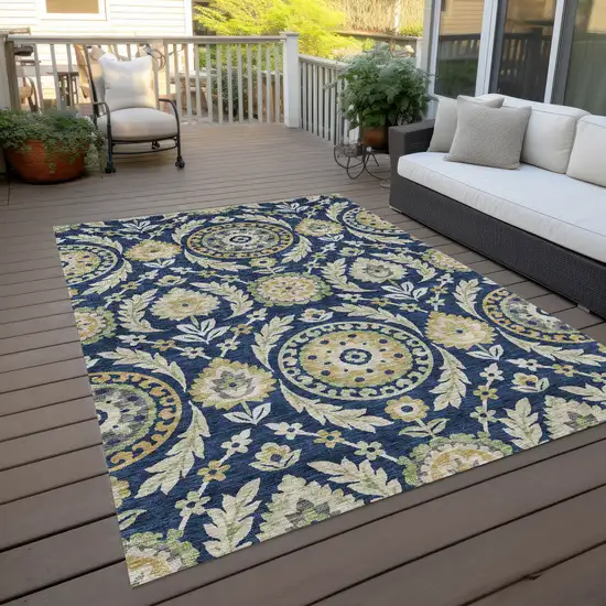 Navy Blue Gold And Beige Floral Washable Indoor Outdoor Area Rug Photo 9