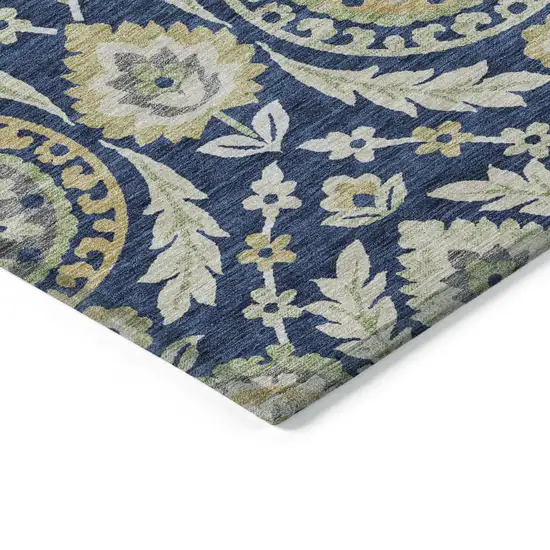 Navy Blue Gold And Beige Floral Washable Indoor Outdoor Area Rug Photo 3