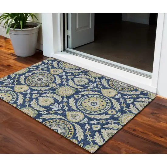 Navy Blue Gold And Beige Floral Washable Indoor Outdoor Area Rug Photo 1
