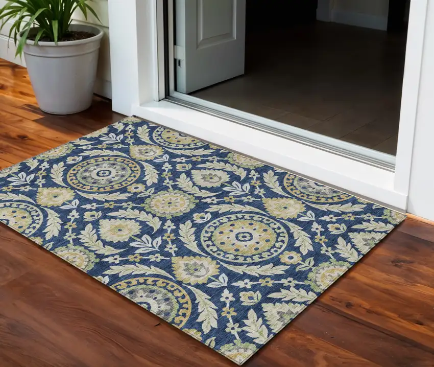 Navy Blue Gold And Beige Floral Washable Indoor Outdoor Area Rug Photo 1