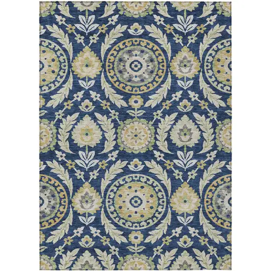 Navy Blue Gold And Beige Floral Washable Indoor Outdoor Area Rug Photo 1