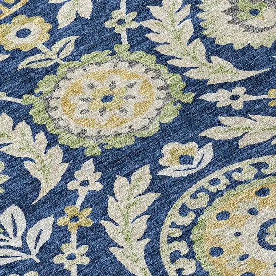 Navy Blue Gold And Beige Floral Washable Indoor Outdoor Area Rug Photo 4