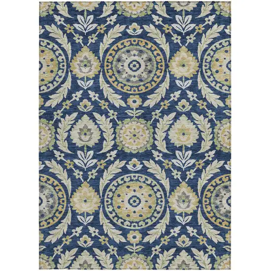 Navy Blue Gold And Beige Floral Washable Indoor Outdoor Area Rug Photo 5