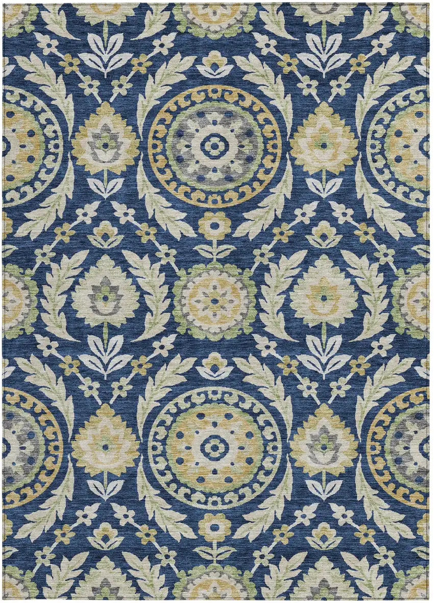 Navy Blue Gold And Beige Floral Washable Indoor Outdoor Area Rug Photo 5