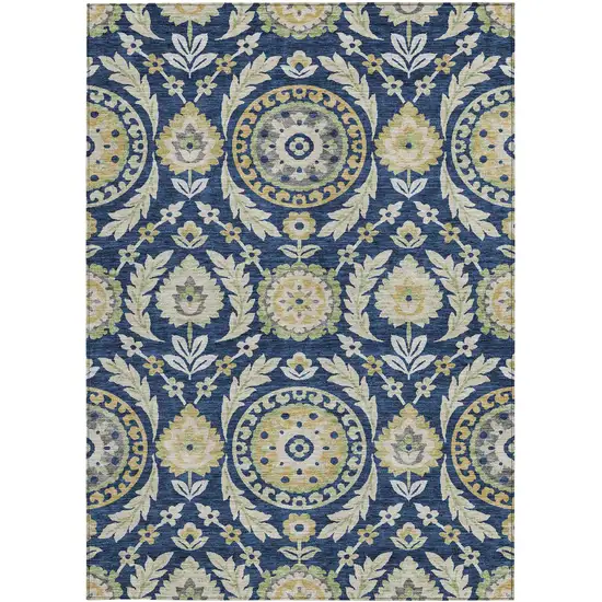 Navy Blue Gold And Beige Floral Washable Indoor Outdoor Area Rug Photo 5