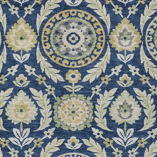 Navy Blue Gold And Beige Floral Washable Indoor Outdoor Area Rug Photo 4