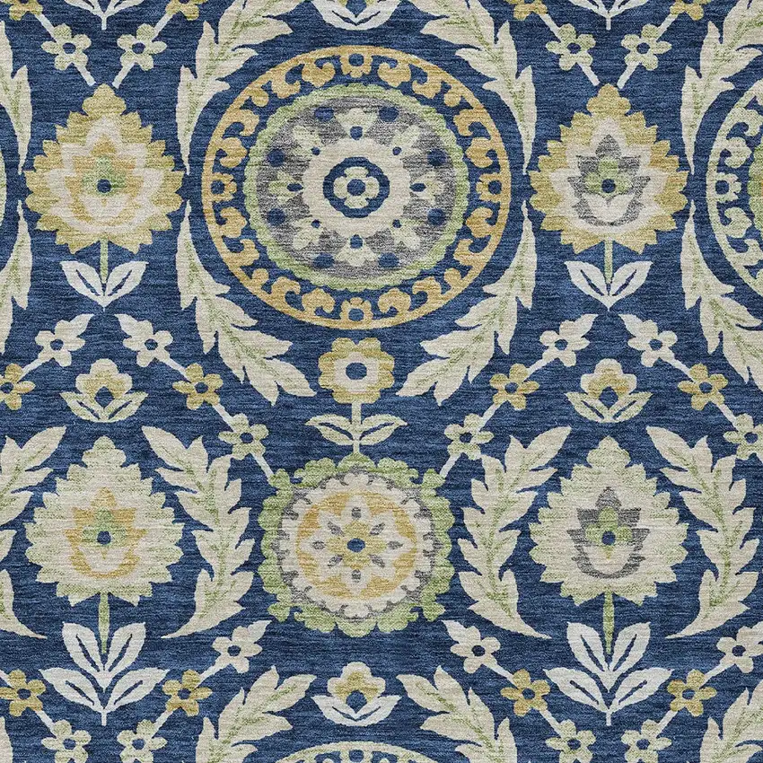 Navy Blue Gold And Beige Floral Washable Indoor Outdoor Area Rug Photo 4