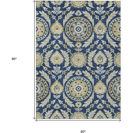 Navy Blue Gold And Beige Floral Washable Indoor Outdoor Area Rug Photo 8