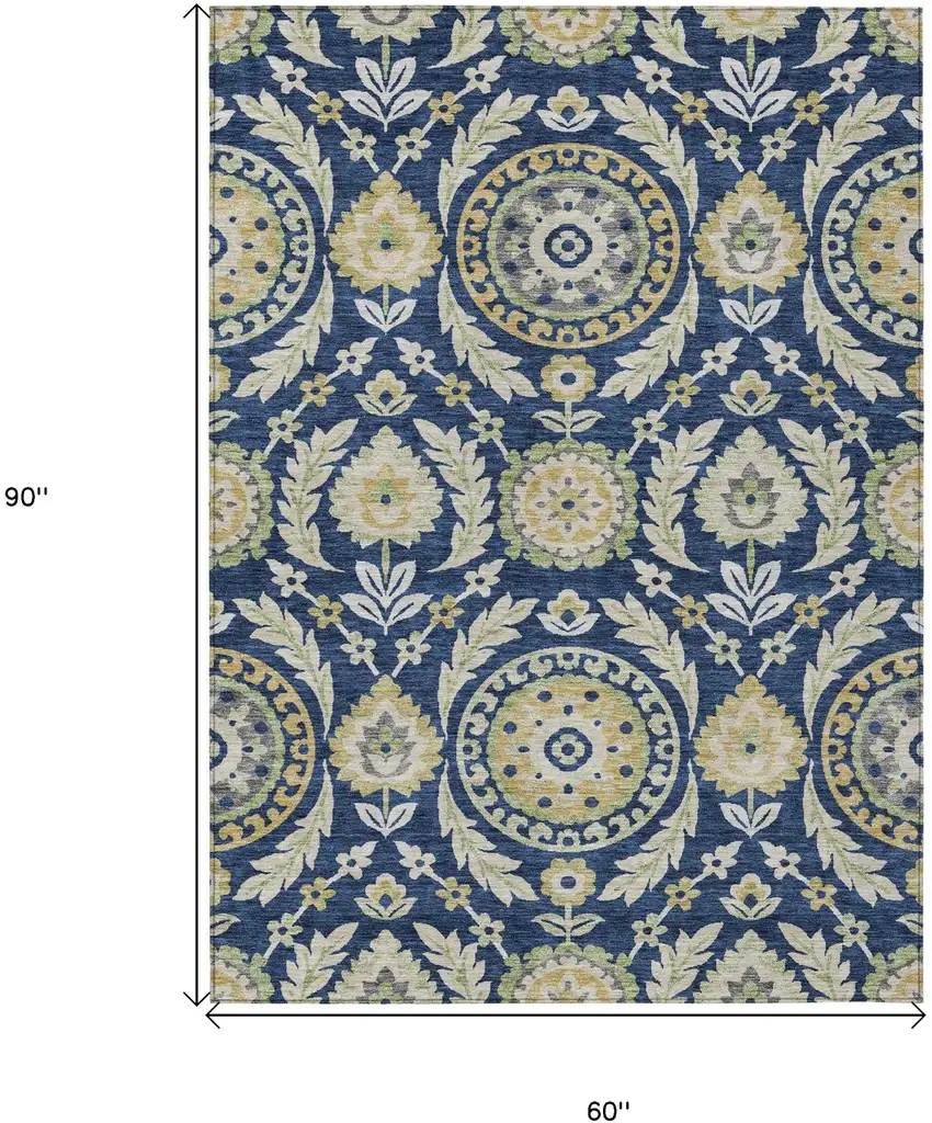 Navy Blue Gold And Beige Floral Washable Indoor Outdoor Area Rug Photo 8