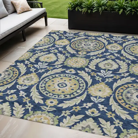 Navy Blue Gold And Beige Floral Washable Indoor Outdoor Area Rug Photo 1