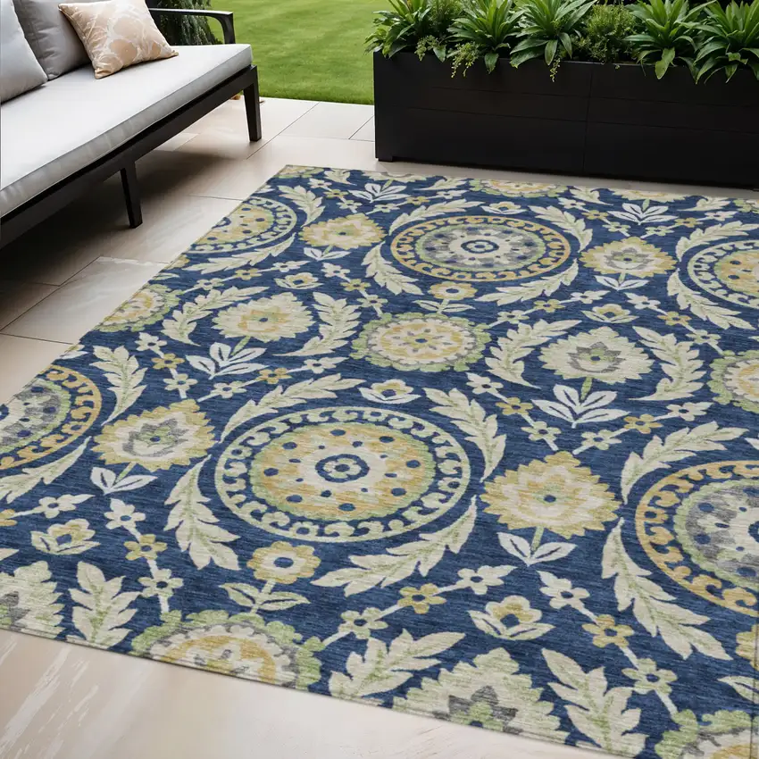 Navy Blue Gold And Beige Floral Washable Indoor Outdoor Area Rug Photo 1