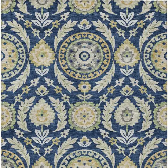 Navy Blue Gold And Beige Floral Washable Indoor Outdoor Area Rug Photo 6