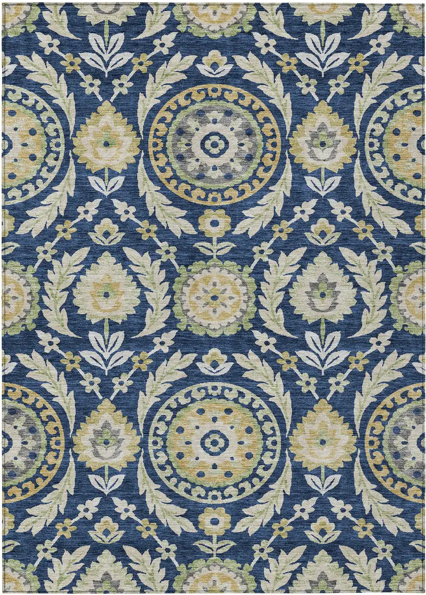 Navy Blue Gold And Beige Floral Washable Indoor Outdoor Area Rug Photo 1