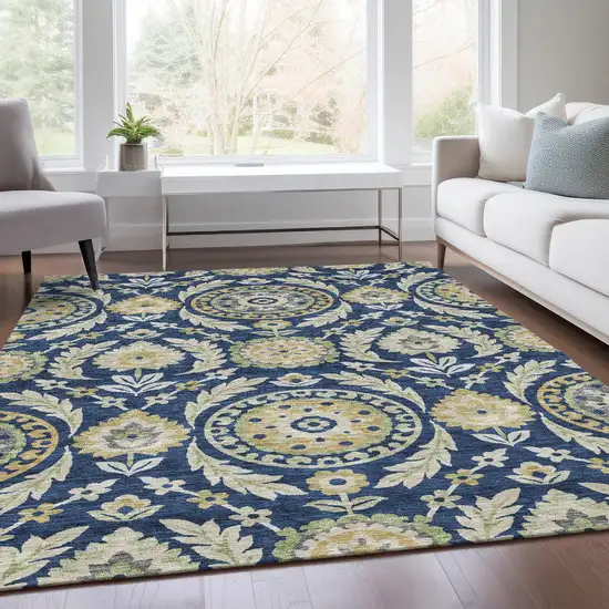 Navy Blue Gold And Beige Floral Washable Indoor Outdoor Area Rug Photo 8