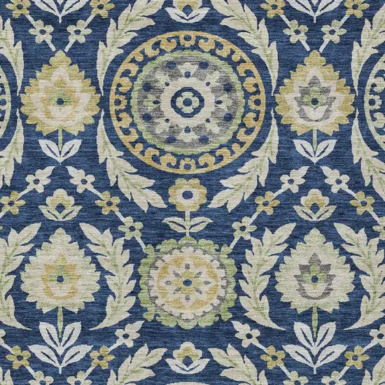 Navy Blue Gold And Beige Floral Washable Indoor Outdoor Area Rug Photo 4